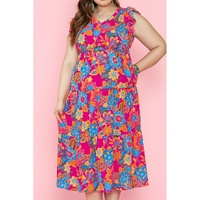 Red Floral Print Ruffled Sleeveless Plus Size Long Dress - 1X thumbnail