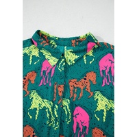 Green Horse Printed Long Sleeve Collared Buttoned Plus Size Midi Dress - 4X thumbnail