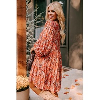 Orange Floral Print Split V Neck Bubble Sleeve Plus Size Midi Dress - 1X thumbnail
