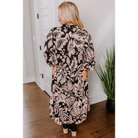 Black Plus Size Floral Printed Puff Sleeve Collared Maxi Dress - 2X thumbnail