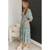 Green Plus Size Floral Print Square Neck Smocked Maxi Dress - 1X thumbnail