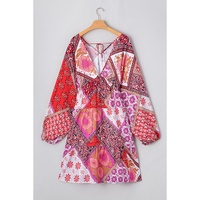Rose Mixed Floral Long Sleeve V Neck Lace-up Hollowed Back Plus Size Dress - 2X thumbnail