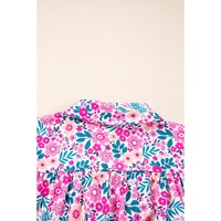 Pink Plus Size Floral Half Button Short Puff Sleeve A-line Dress - 1X thumbnail