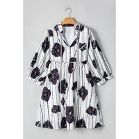 Black Plus Size Floral 3/4 Puff Sleeve Lace-up Neck Mini Dress - 1X thumbnail