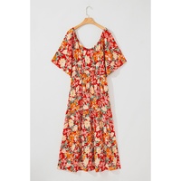 Orange Floral V Neck Flutter Sleeve Cinched Waist Long Plus Size Dress - 2X thumbnail