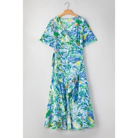 Green Leaves Print Short Sleeve Surplice Neck Ruffled Trim Plus Size Maxi Dress - 3X thumbnail