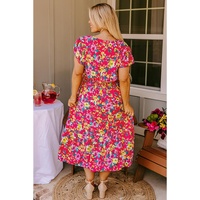 Pink Floral Print V Neck Pocketed High Waist Plus Size Midi Dress - 4X thumbnail