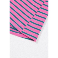 Rose Stripe Collared V Neck Puff Sleeve Shift T Shirt Dress with Pockets - 2X thumbnail
