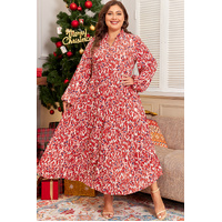 Red Plus Size Abstract Print Notch V Neck High Waist Maxi Dress - 1X thumbnail