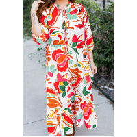 Orange Floral Print Drawstring V Neck Tiered Plus Size Dress - 1X thumbnail