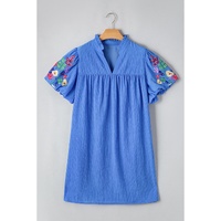 Sky Blue Plus Size Floral Embroidered Puff Sleeve Gingham Mini Dress - 4X thumbnail
