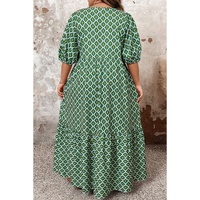 Green Geometric Floral Print Half Sleeve Plus Size Maxi Dress - 1X thumbnail