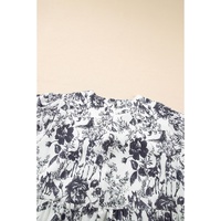 Black Floral Print Bow Detail Puff Sleeve Plus Size Midi Dress - 1X thumbnail