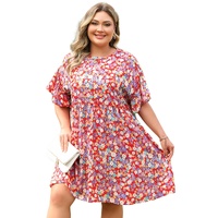 Red Dainty Flower Printed Plus Size Short Sleeve Shift Dress - 1X thumbnail