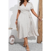 Khaki Polka Dot Surplice V Neck Tied Waist Flutter Sleeve Flowy Plus Size Midi Dress - 1X thumbnail