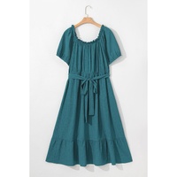 Skobeloff Frilled U Neck Puff Sleeve Belted Ruffle Hem Plus Size Midi Dress - 3X thumbnail