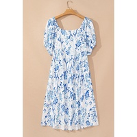 Sky Blue Floral Print Sweetheart Neck Plus Size Midi Dress - 4X thumbnail