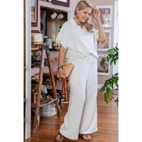 Beige Plus Size Textured Collared Top and Pants Set - 1X thumbnail