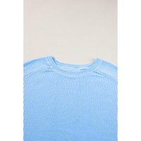 Light Blue Plus Size Ribbed Long Sleeve Top and Drawstring Shorts Set - 2X thumbnail