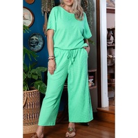 Mint Green Textured Batwing Sleeve Tee Wide Leg Pants Plus Size Set - 1X thumbnail