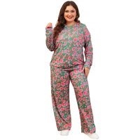 Green Plus Size Printed Long Sleeve and Pants Lounge Set - 1X thumbnail