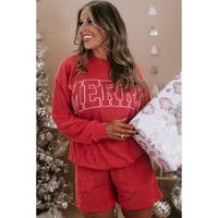 Racing Red MERRY Ribbed Knit Long Sleeve Lace-up Waist Plus Size Set - 1X thumbnail