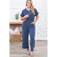Sail Blue Ribbed V Neck Tee and Pants Plus Size Set - 2X thumbnail