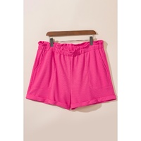 Bright Pink Plus Size Rolled Edge Ruffled Elastic Waist Textured Shorts - 3X thumbnail