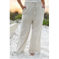 Beige Smocked High Waist Wide Leg Plus Size Pants - 1X thumbnail
