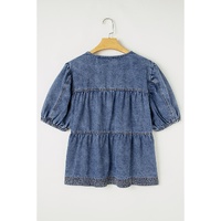 Sail Blue Plus Drawstring V Neck Puff Sleeve Denim Blouse - 4X thumbnail