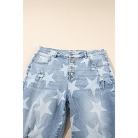 Sky Blue Star Printed Multi Buttons Slit Knee Destroyed Plus Size Jeans - 3X thumbnail