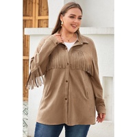 Khaki Fringe Trim Plus Size Suede Shacket - 1X thumbnail