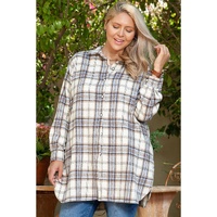 White Plaid Print Tunic Plus Size Shacket with Slits - 1X thumbnail