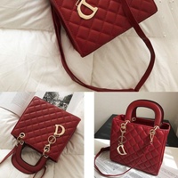 Leather Crossbody Bag with Rhombus Pattern for Women - Black thumbnail
