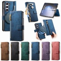 Vintage Magnetic Wallet Case for Samsung Galaxy z Fold 4 - Zipper Closure - Brown thumbnail