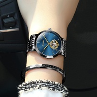 Waterproof Automatic Mechanical Watch for Women with Simple Hollow Design - Black Steel Strip Blue thumbnail