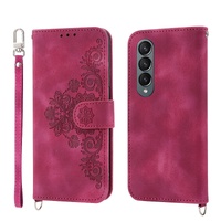 Floral Leather Phone Wallet for Samsung Galaxy z Fold 4 - Embossed - Wine Red thumbnail