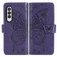 Embossed Butterfly Love Leather Case for Samsung Galaxy z Fold 4 - Flower Design - Dark Purple thumbnail