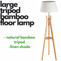 LARGE BAMBOO TRIPOD FLOOR LAMP Linen Shade Modern Light Vintage Wooden Scandi thumbnail