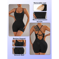 Size L Black Nylon Seamless Yoga Bodysuit - Women's Athletic Romper, Crisscross Back, Workout Jumpsuit thumbnail