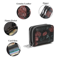 Black Background With Red Roses Floral Embossed Genuine Leather Card Holder - Large Capacity 10 Card Slots, RFID Blocking, Double Zipper Coin Pouch thumbnail