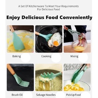 Light Green And Brown 12-Piece Silicone Kitchen Utensil Set - Non-Stick Food-Grade Silicone Cooking Tools with Wooden Handles and Holder thumbnail