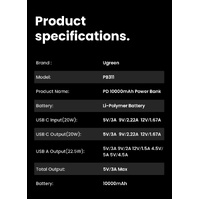 UGREEN 25742 10000mAh Two-way Fast Charging Power Bank Black thumbnail