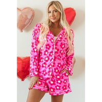 Pink Flower Print Long Sleeve Shirt Shorts Pajamas Set - M thumbnail