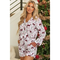 White Christmas Deer Printed Shirt and Shorts Lounge Set - S thumbnail