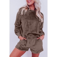 Coffee Solid Loose Fit Two Piece Fleece Lounge Set - XL thumbnail