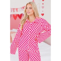 Pink Checkered Buttoned Shirt and High Waist Pants Pajama Set - M thumbnail