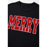 Black Corded MERRY Graphic Long Sleeve Top and Shorts Set - S thumbnail