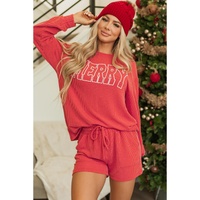 Racing Red Corded MERRY Graphic Long Sleeve Top and Shorts Set - L thumbnail
