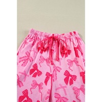 Pink Bow Knot Print Lapel Collar Short Sleeve and Pants Pajamas Set - L thumbnail